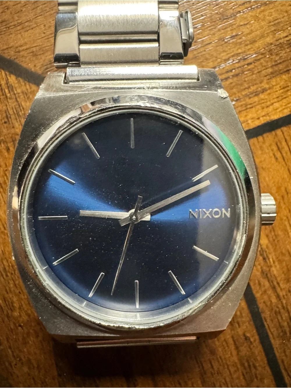 Nixon Silver Stainless Steel Watch with Blue Dial